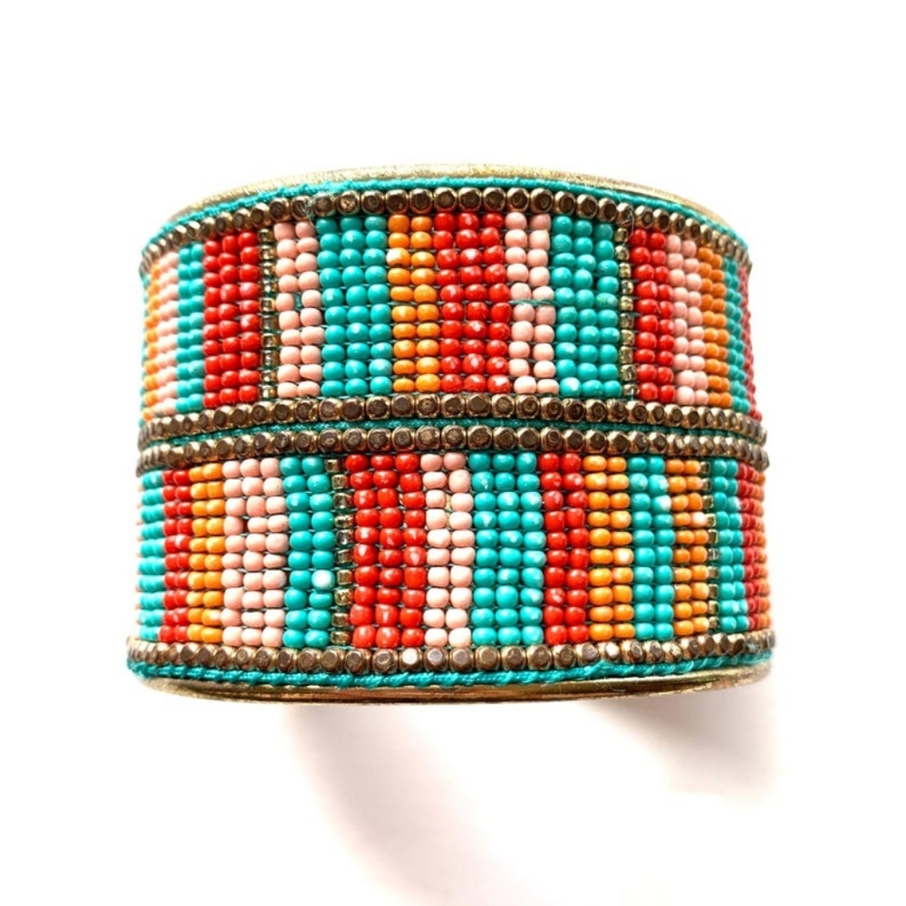 Vintage Seed Bead Gold Tone Open Cuff Bracelet